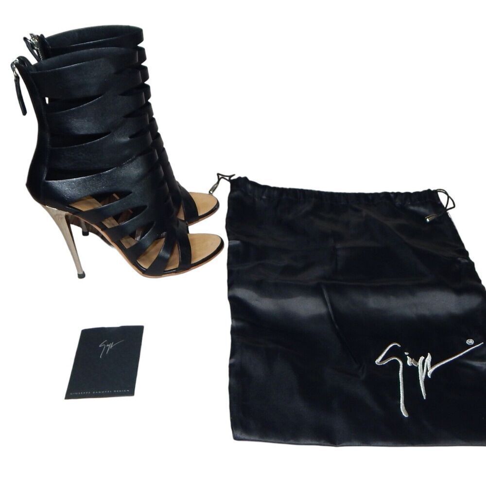 Giuseppe Zanotti Black Leather Cutout Ankle Boots Gladiator Sandal Size 37.5 7.5